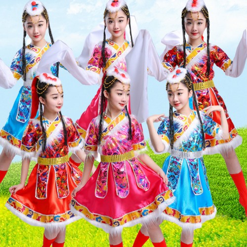 Kids chinese folk dance costumes for girls stage performance party drama tibet minority cosplay national dancing robes dresses